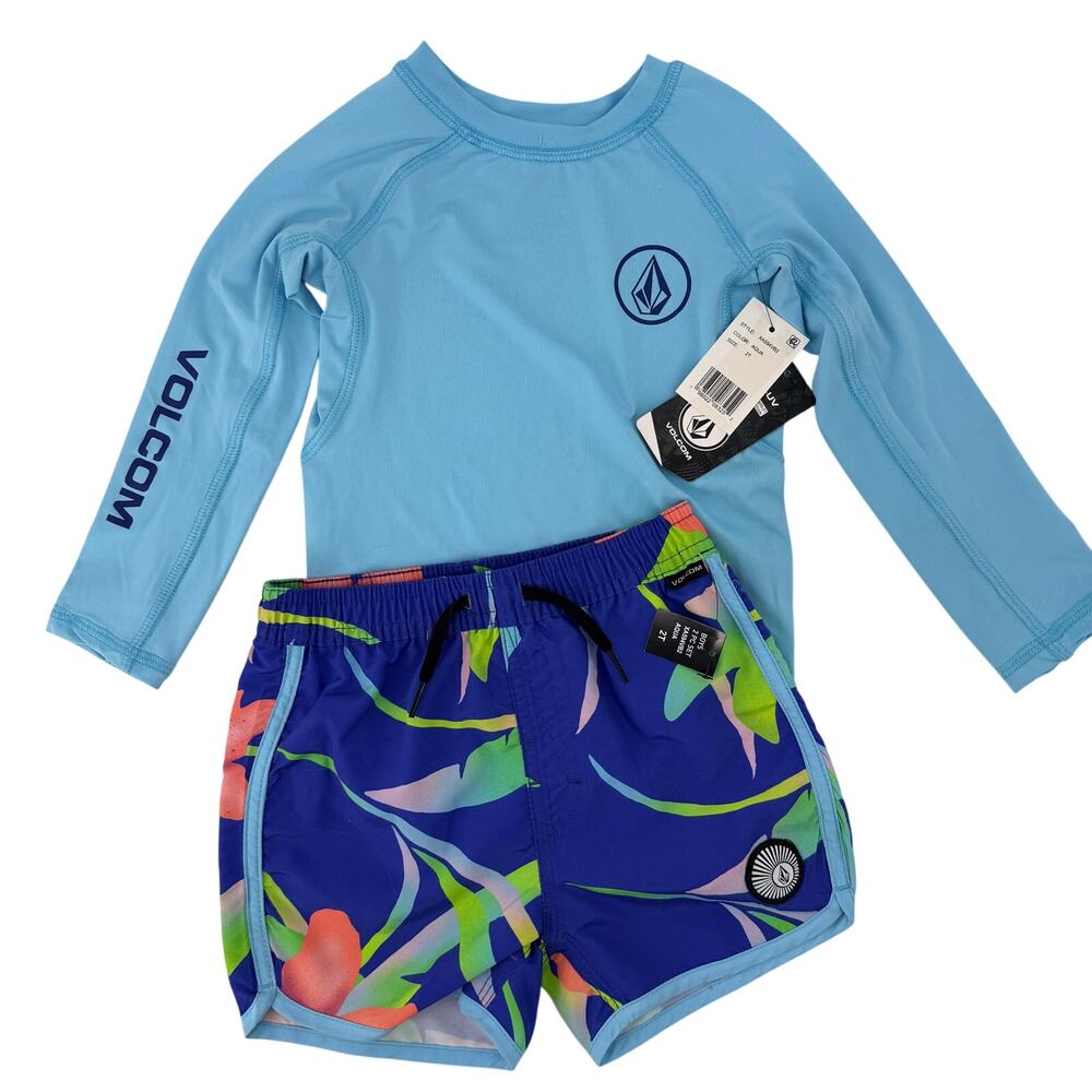 Volcom Toddler Boys 2 Pc Long Sleeve Rash Guard & Board Shorts Set UPF 50+ Sz 2T
